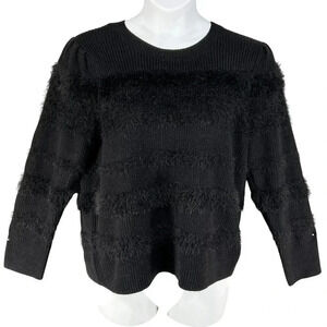 Calvin Klein Womens L Black Fuzzy Textured Knit Sweater Soft Faux Fur Crew Neck